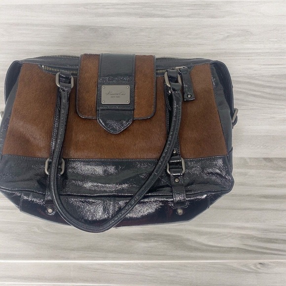 KENNETH COLE Shoulder Bag Tote Carryall Laptop Patent Leather Pony Cow Hair New - Picture 1 of 6